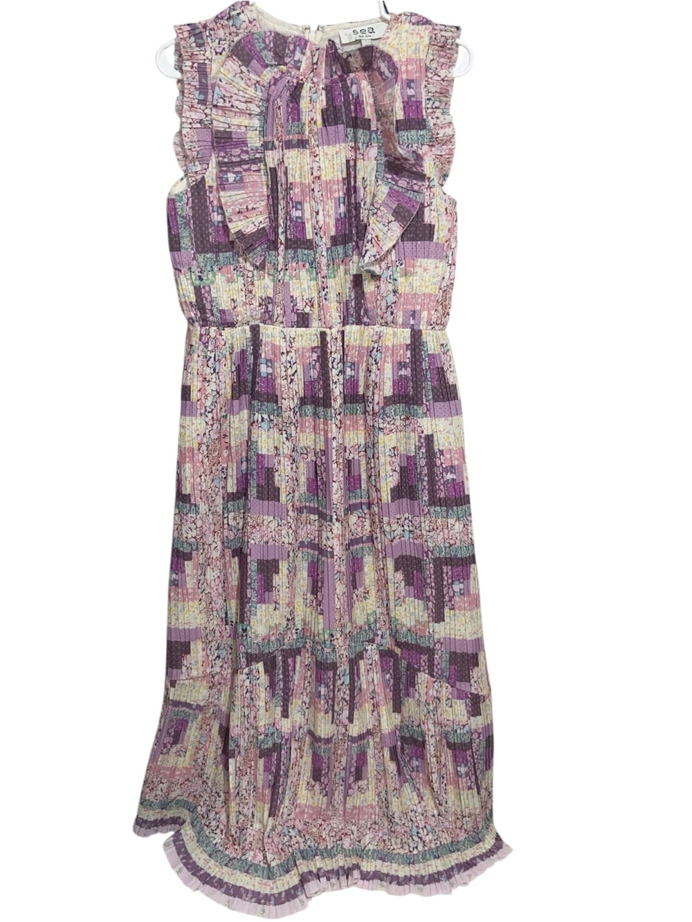 Sea New York Dress XS Naya Print Box Pleat Maxi Patchwork Cottagecore Ruffle